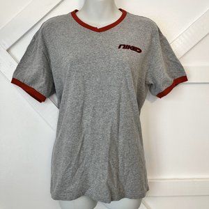Vintage 1980s Nike V-neck Embroidered Logo Ringed Gray and Red T-shirt, Large